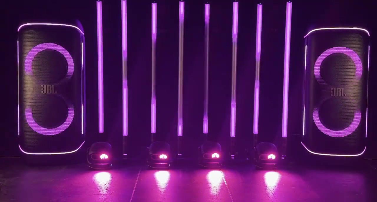 JBL PartyBox speakers with the light show running